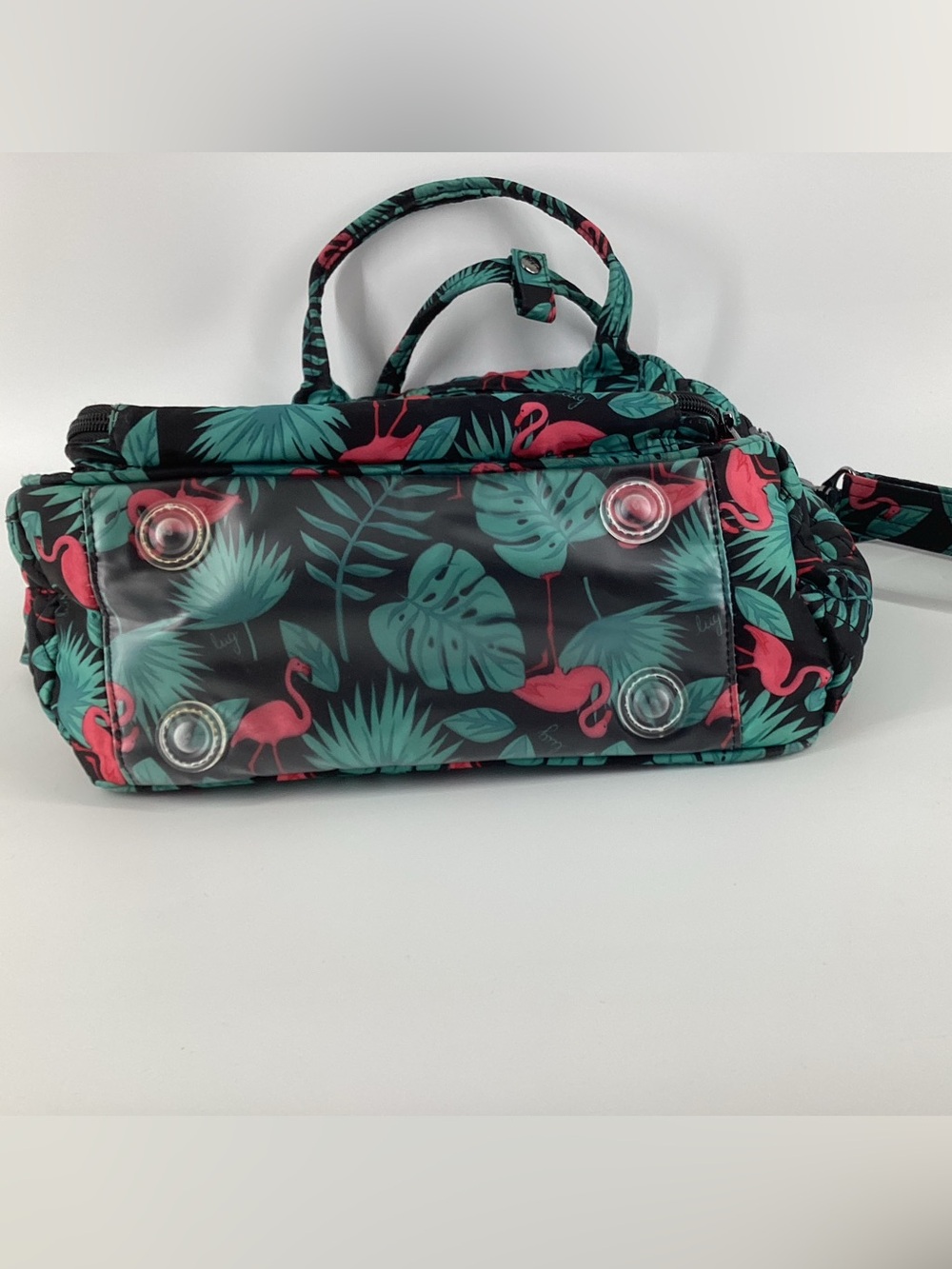 lug Mni Puddle Jumper in Flamingo Print Crossbody Bag or Tote Black/Teal/Pink - Picture 7 of 11